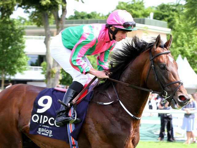 June 04, 2017, Chantilly, FRANCE - War Decree with Ryan Moore up at parade canter at the Prix Du Jockey Club (Gr. I) at  Chantilly Race Course  [Copyright (c) Sandra Scherning/Eclipse Sportswire)]